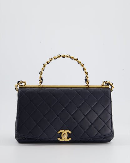 Chanel Navy Top Handle Bag in Lambskin with Brushed Gold Hardware