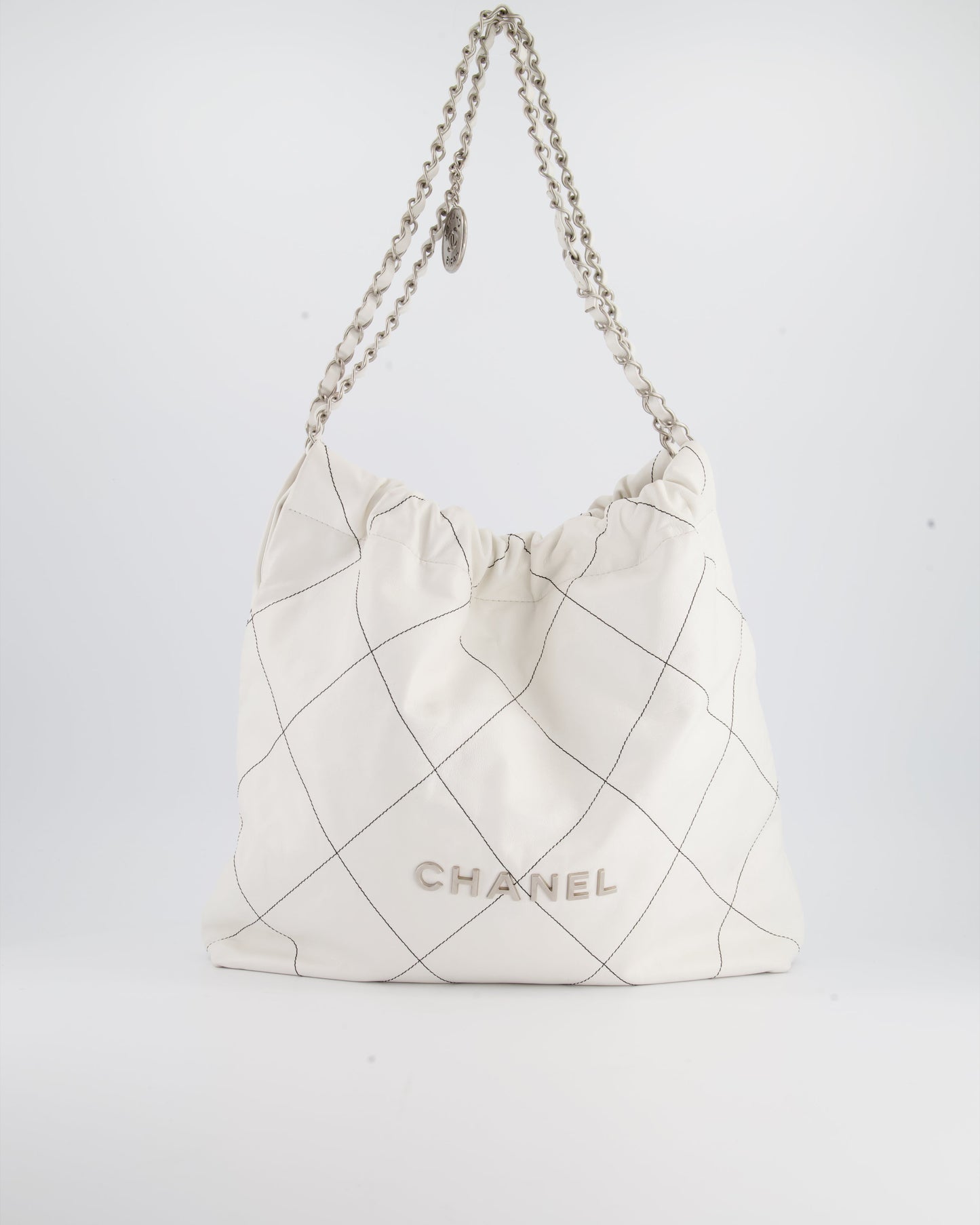 Chanel 22 Bag in White Aged Calfskin with Silver Hardware and Contrast Stitch Detail