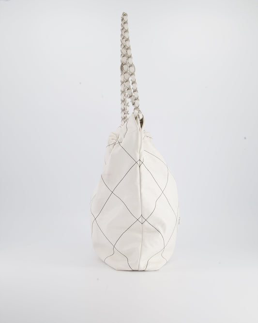 Chanel 22 Bag in White Aged Calfskin with Silver Hardware and Contrast Stitch Detail