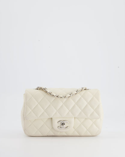 Chanel White Pearlescent Caviar Mini Rectangular Single Flap Bag with Silver Hardware