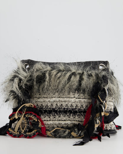Chanel Black and White Tweed Mini Shoulder Bag with Faux Fur Detail and Silver Hardware