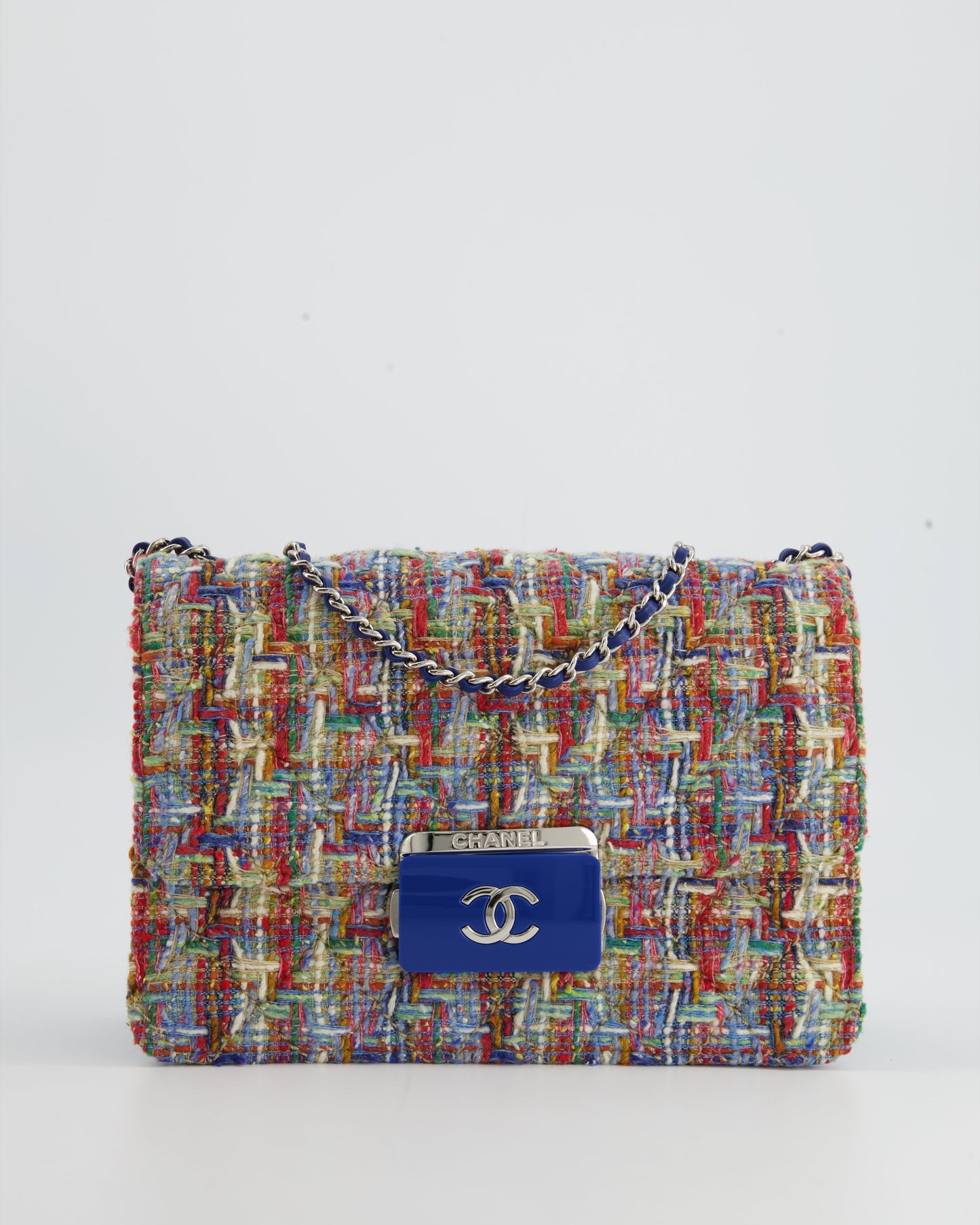 Chanel Multi-Colour Tweed Flap Bag with Electric Blue Lambskin Detail and Silver Hardware