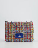 Chanel Multi-Colour Tweed Flap Bag with Electric Blue Lambskin Detail and Silver Hardware