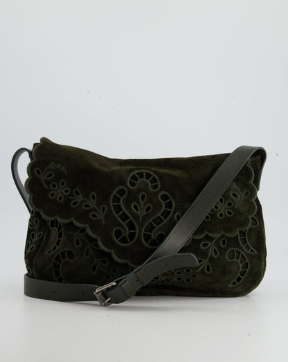 Chanel Khaki Suede Paisley Embroidered CC Messenger Bag with Ruthenium Hardware