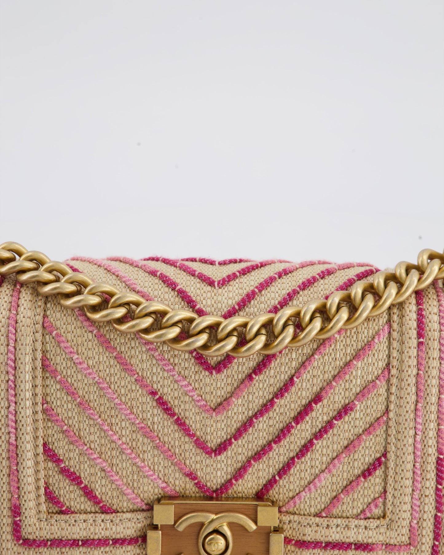 Chanel Small Raffia Boy Bag with Metallic Pink Chevron Stitch and Brushed Gold Hardware