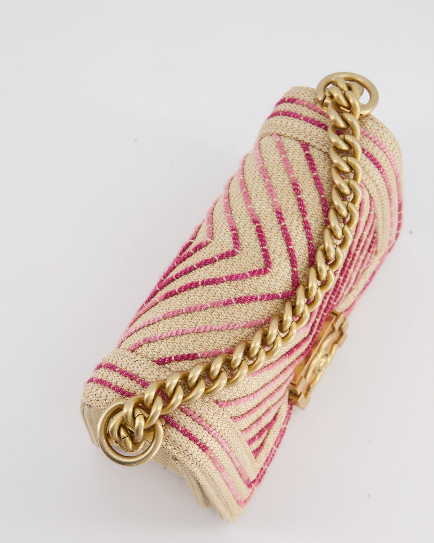 Chanel Small Raffia Boy Bag with Metallic Pink Chevron Stitch and Brushed Gold Hardware