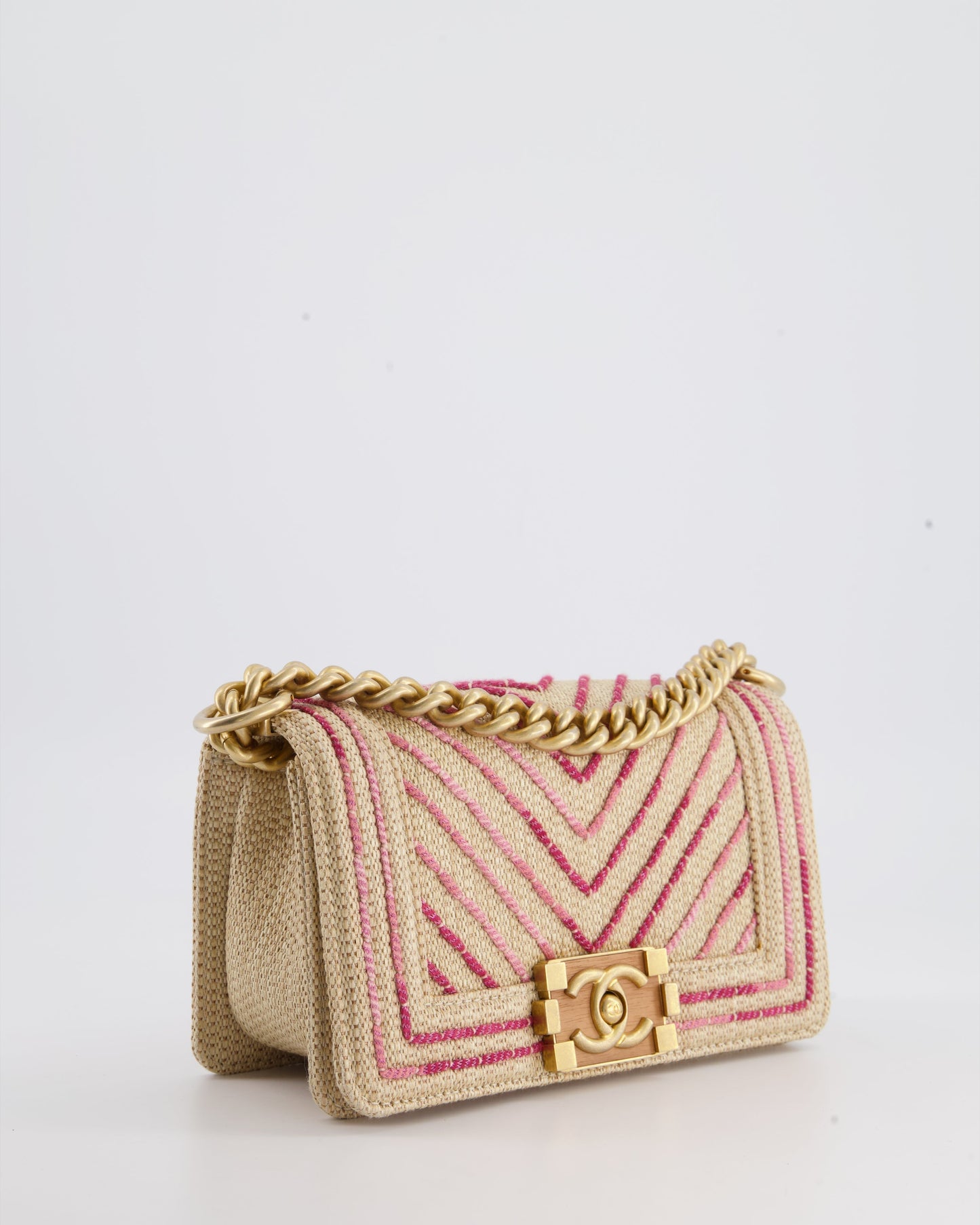 Chanel Small Raffia Boy Bag with Metallic Pink Chevron Stitch and Brushed Gold Hardware