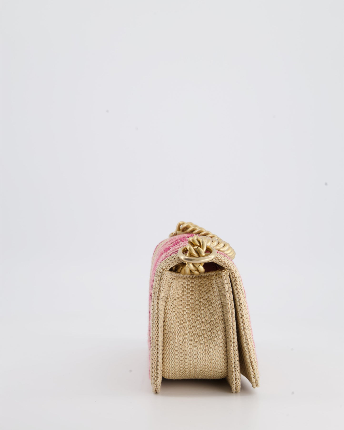 Chanel Small Raffia Boy Bag with Metallic Pink Chevron Stitch and Brushed Gold Hardware