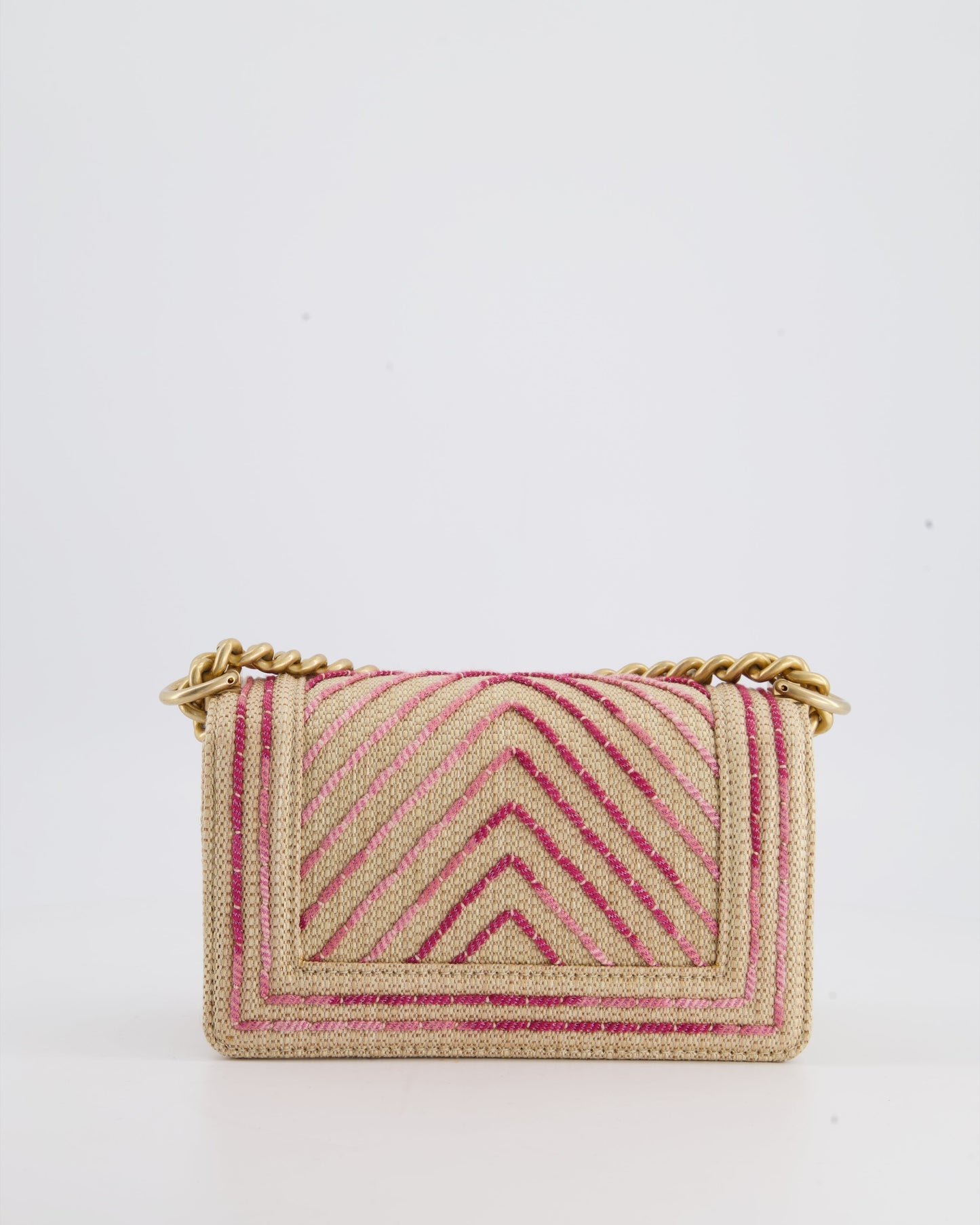 Chanel Small Raffia Boy Bag with Metallic Pink Chevron Stitch and Brushed Gold Hardware