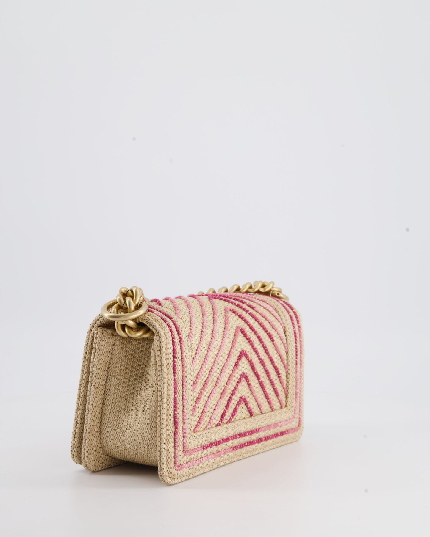Chanel Small Raffia Boy Bag with Metallic Pink Chevron Stitch and Brushed Gold Hardware