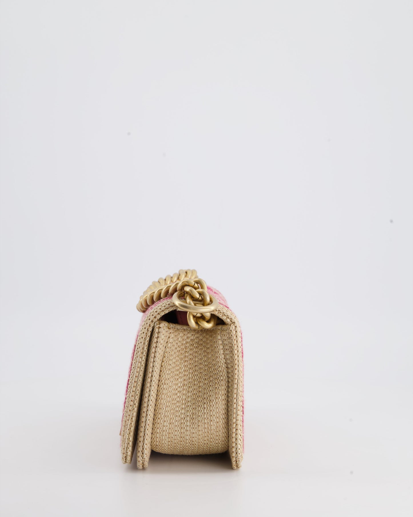 Chanel Small Raffia Boy Bag with Metallic Pink Chevron Stitch and Brushed Gold Hardware