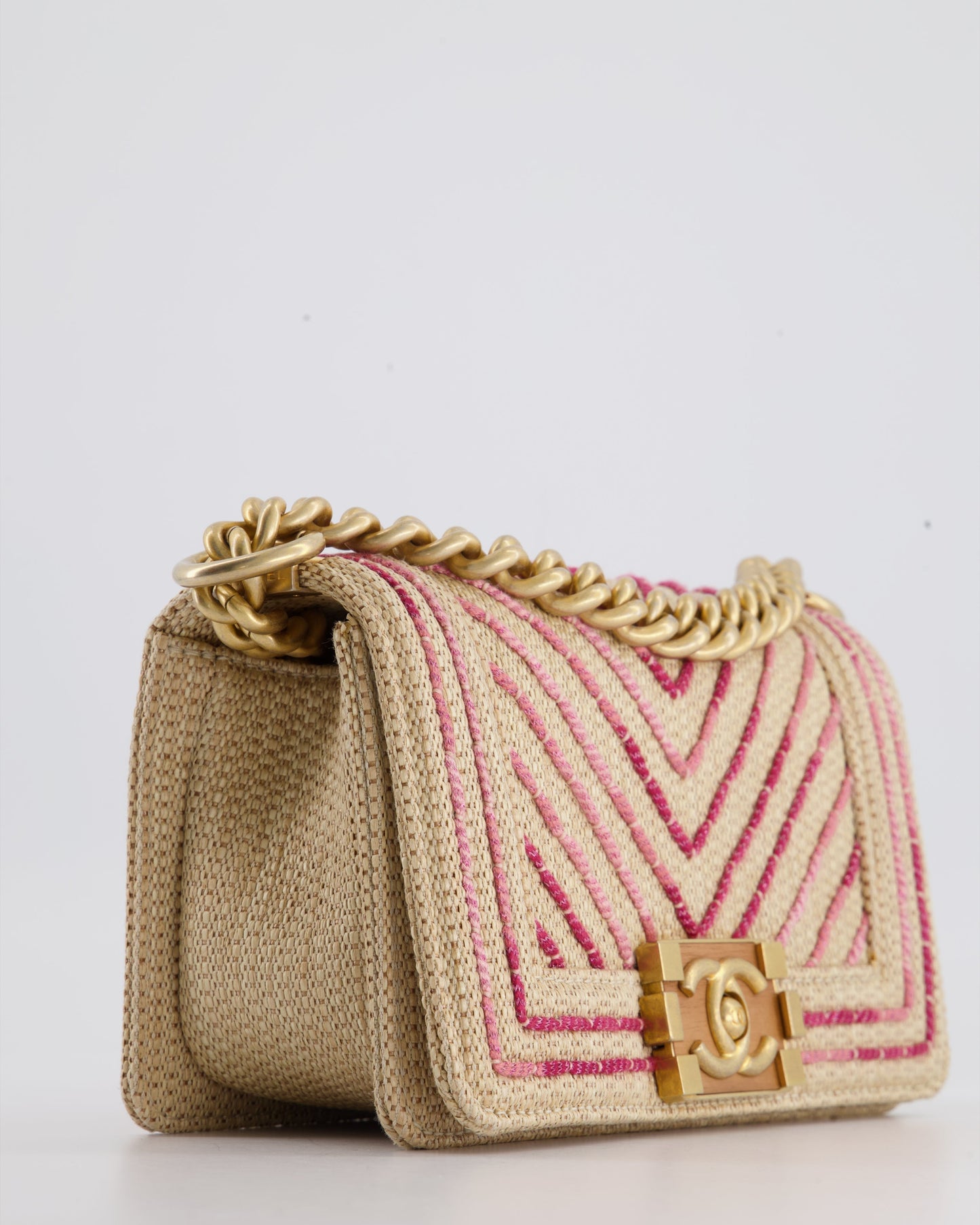 Chanel Small Raffia Boy Bag with Metallic Pink Chevron Stitch and Brushed Gold Hardware
