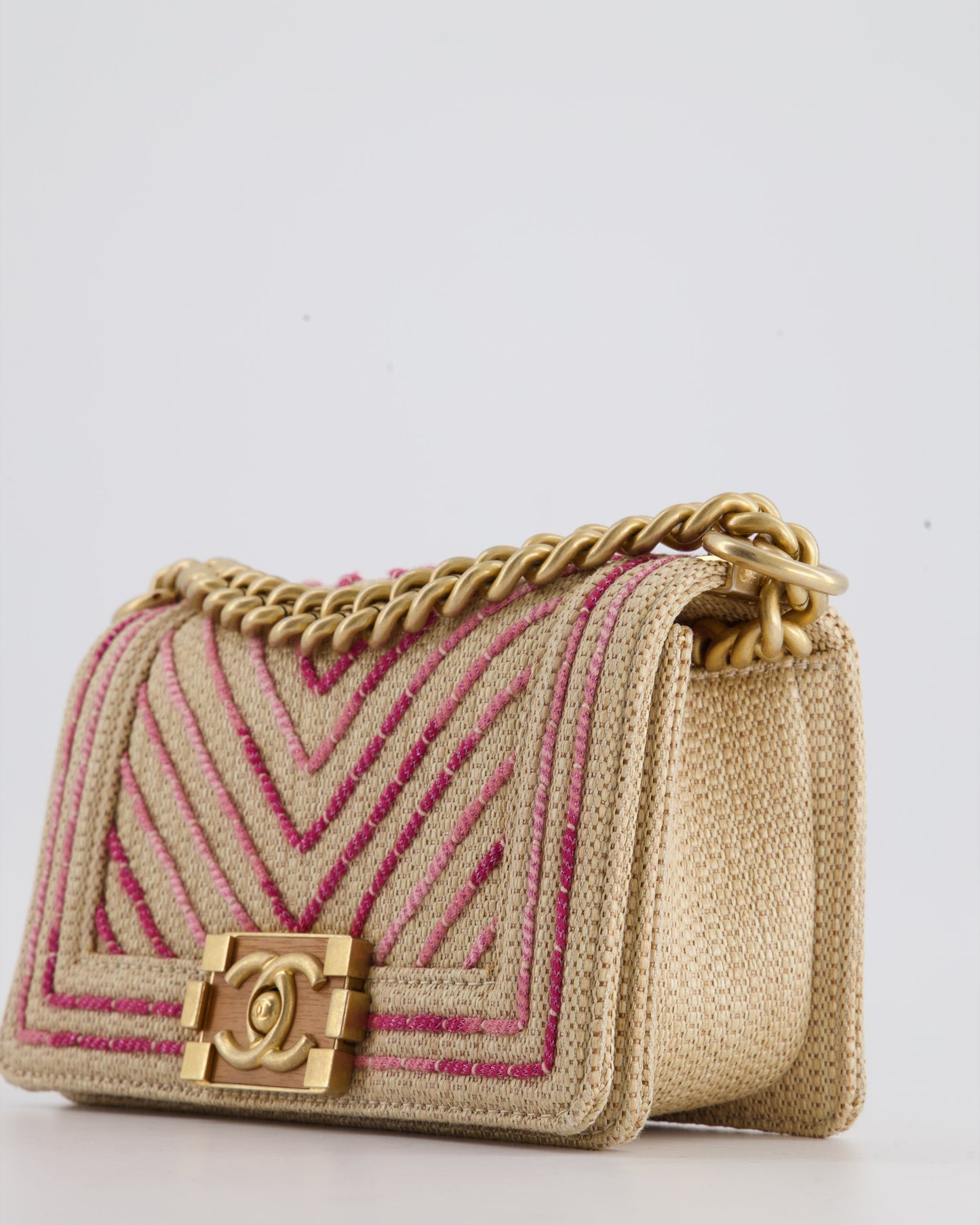 Chanel Small Raffia Boy Bag with Metallic Pink Chevron Stitch and Brushed Gold Hardware