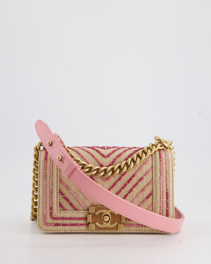 Chanel Small Raffia Boy Bag with Metallic Pink Chevron Stitch and Brushed Gold Hardware