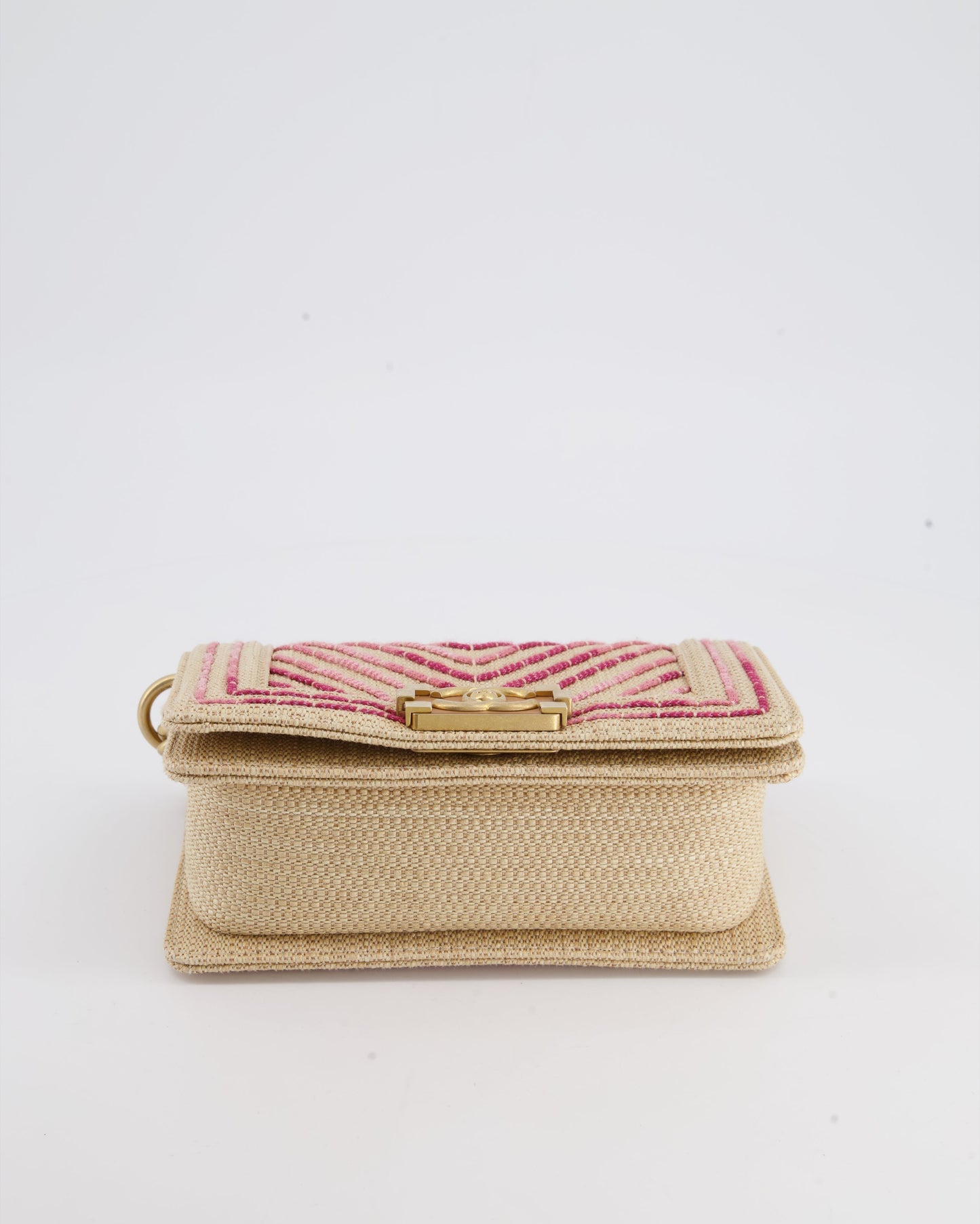 Chanel Small Raffia Boy Bag with Metallic Pink Chevron Stitch and Brushed Gold Hardware