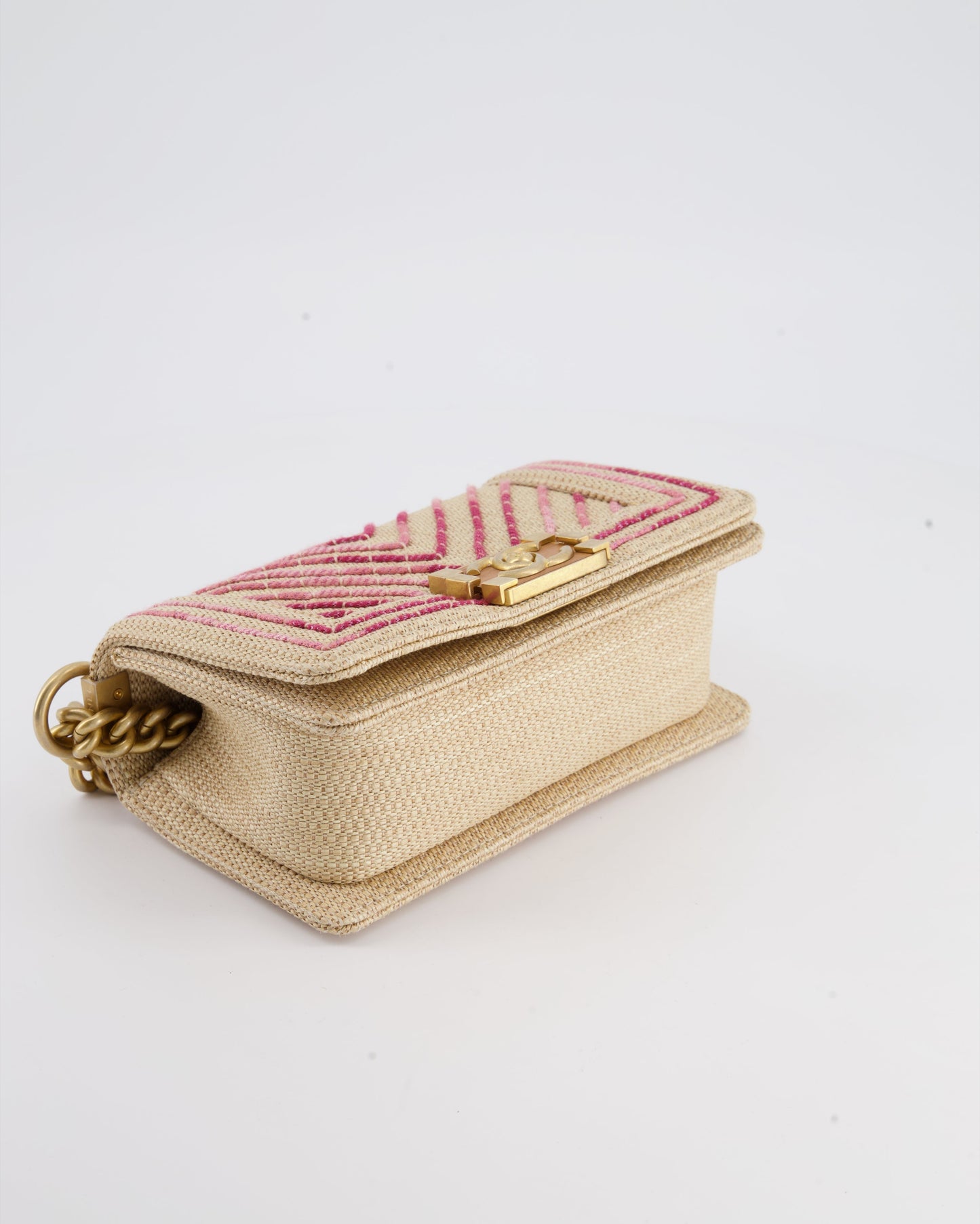 Chanel Small Raffia Boy Bag with Metallic Pink Chevron Stitch and Brushed Gold Hardware