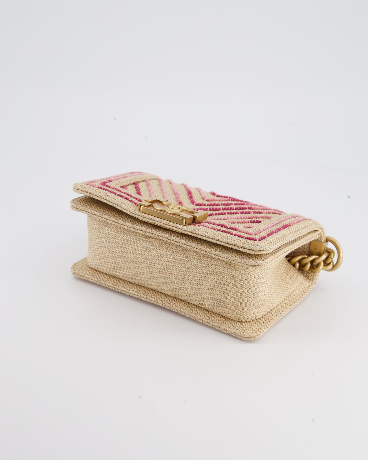 Chanel Small Raffia Boy Bag with Metallic Pink Chevron Stitch and Brushed Gold Hardware