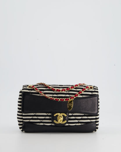 Chanel Black and White Mini Rectangular Jersey Single Flap Bag with Red Chain Detail and Gold Hardware