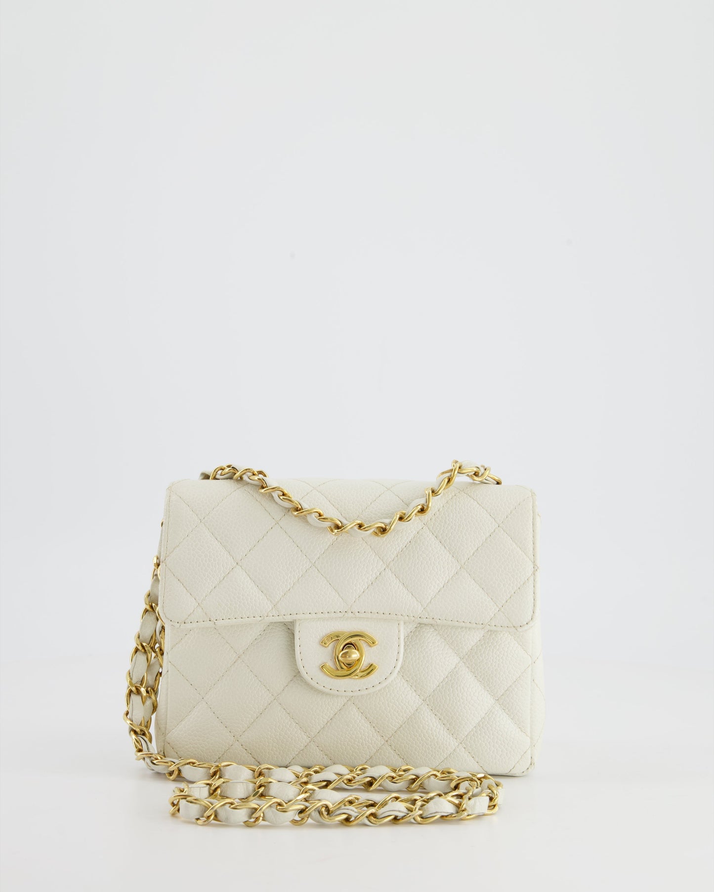Chanel   White Caviar Mini Square Flap Bag with 24K Gold Hardware