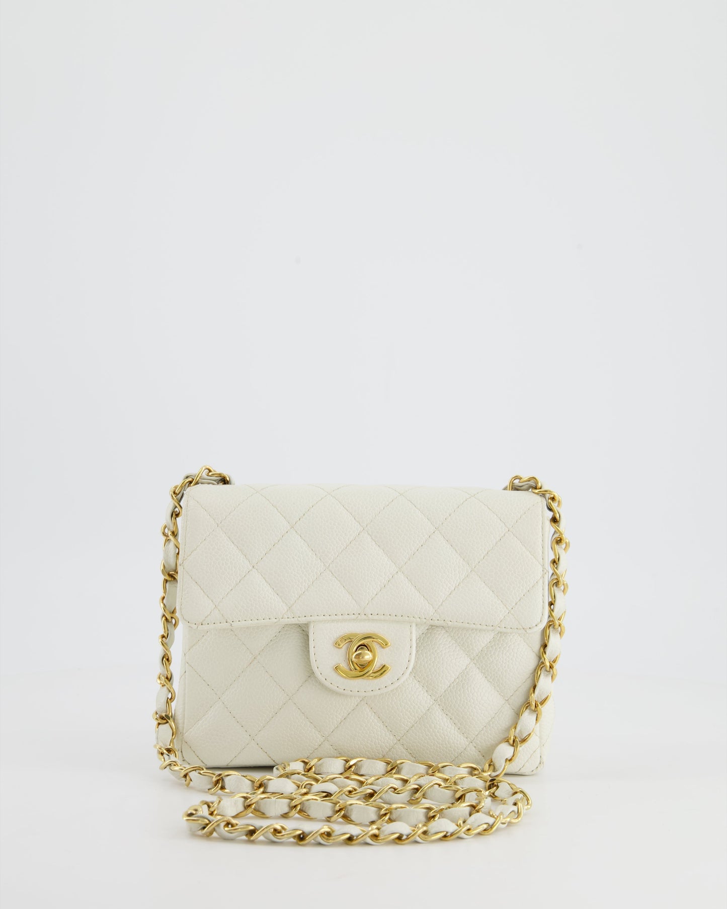Chanel   White Caviar Mini Square Flap Bag with 24K Gold Hardware