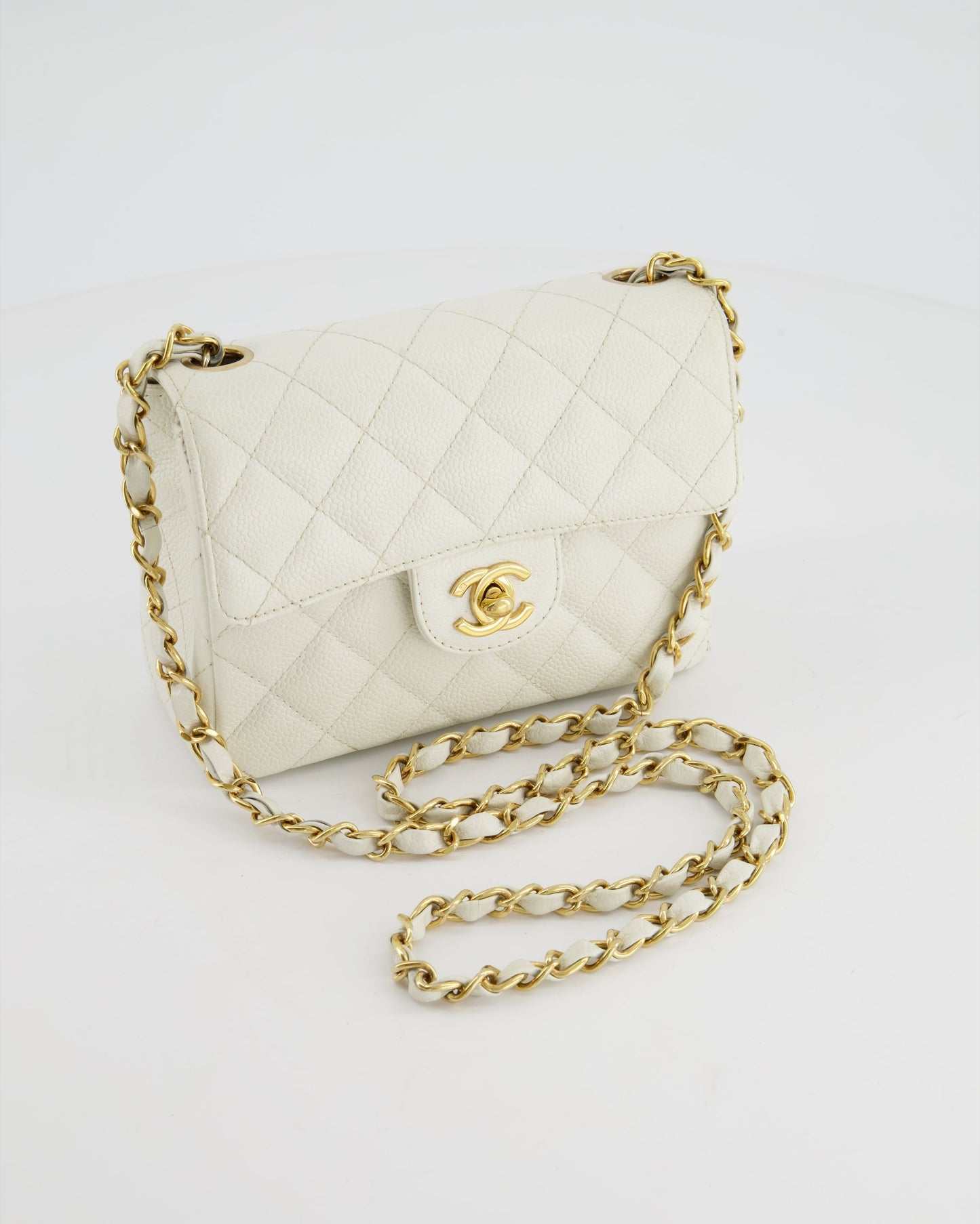 Chanel   White Caviar Mini Square Flap Bag with 24K Gold Hardware