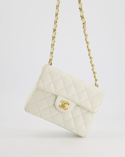 Chanel   White Caviar Mini Square Flap Bag with 24K Gold Hardware