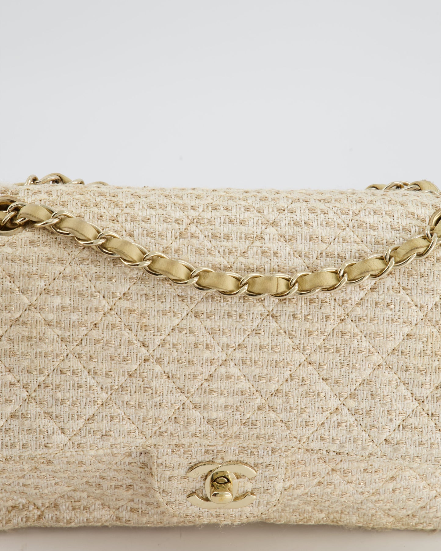 Chanel Medium Classic Double Flap Bag in Beige and Gold Tweed with Champagne Gold Hardware