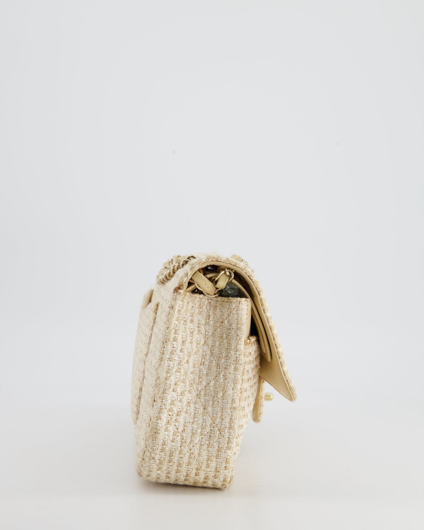 Chanel Medium Classic Double Flap Bag in Beige and Gold Tweed with Champagne Gold Hardware