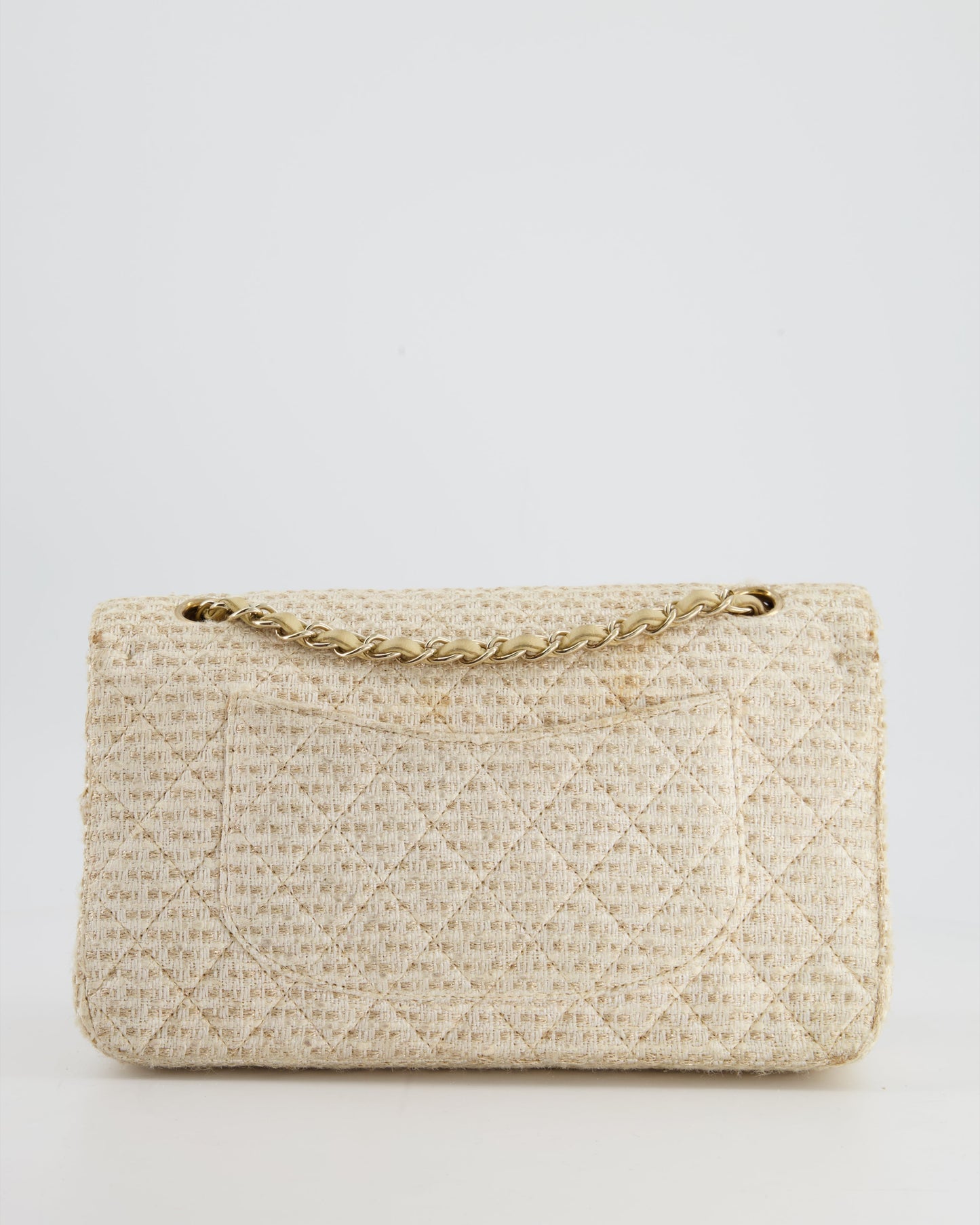 Chanel Medium Classic Double Flap Bag in Beige and Gold Tweed with Champagne Gold Hardware
