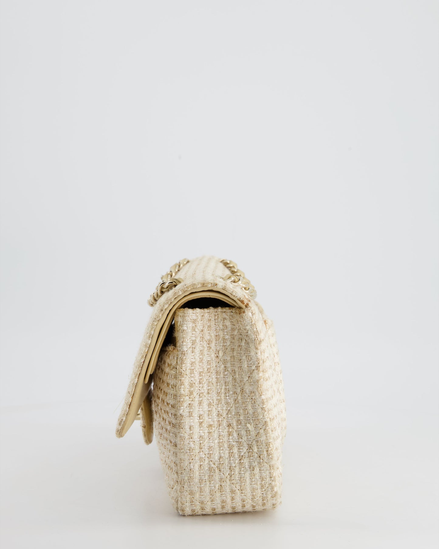 Chanel Medium Classic Double Flap Bag in Beige and Gold Tweed with Champagne Gold Hardware