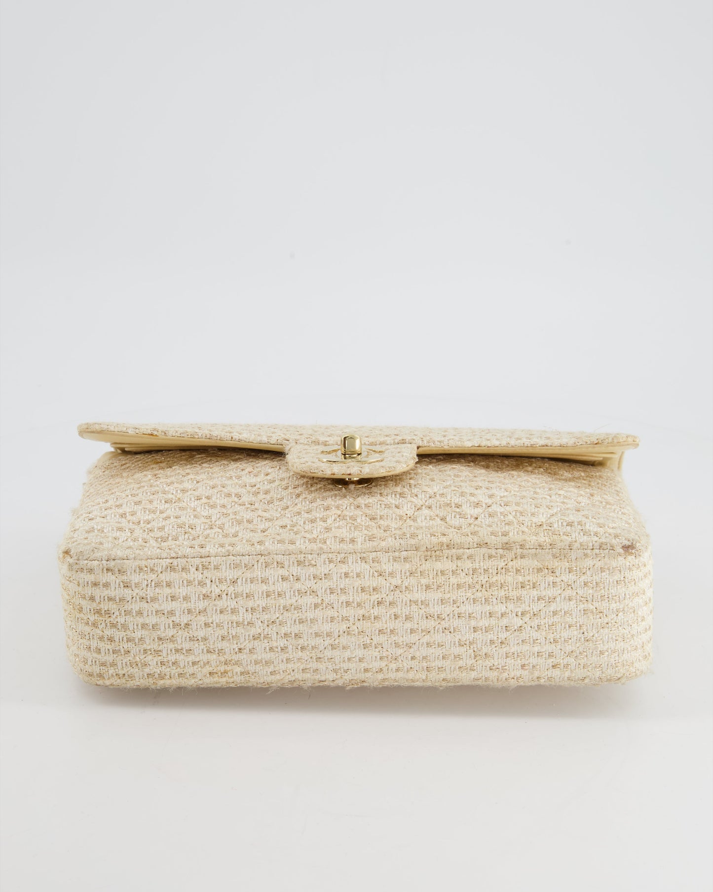 Chanel Medium Classic Double Flap Bag in Beige and Gold Tweed with Champagne Gold Hardware