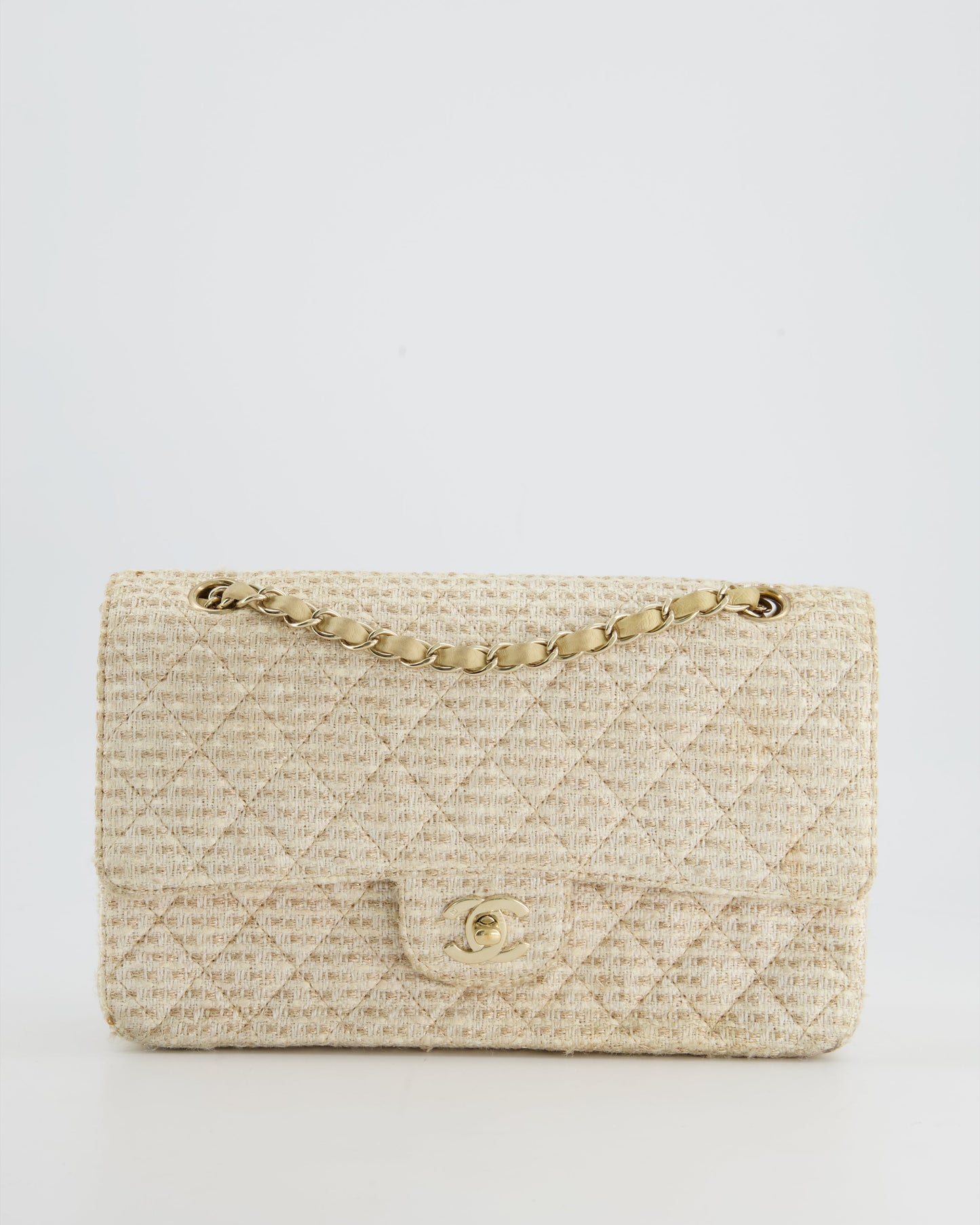 Chanel Medium Classic Double Flap Bag in Beige and Gold Tweed with Champagne Gold Hardware