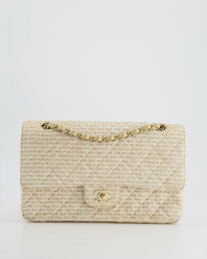 Chanel Medium Classic Double Flap Bag in Beige and Gold Tweed with Champagne Gold Hardware