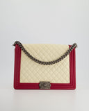 Chanel Cream and Red Large Boy Bag in Lambskin Leather with Ruthenium Hardware