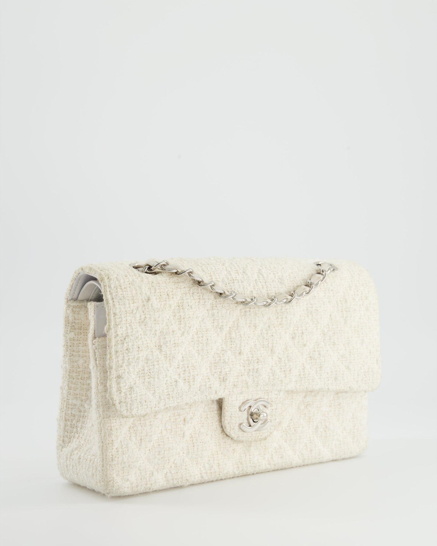 Chanel   White Tweed Classic Double Flap Bag with Silver Hardware RRP - £8,530