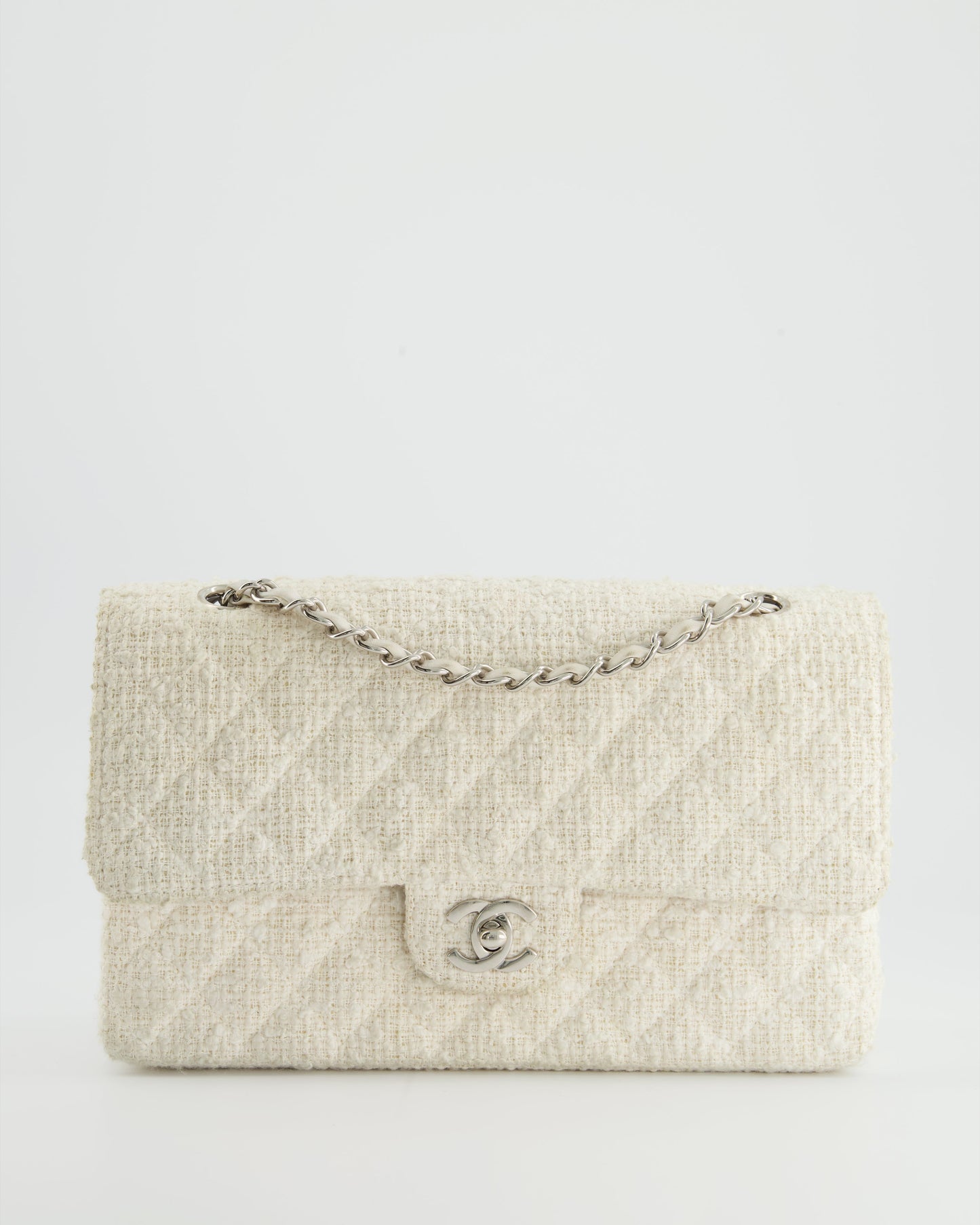 Chanel   White Tweed Classic Double Flap Bag with Silver Hardware RRP - £8,530