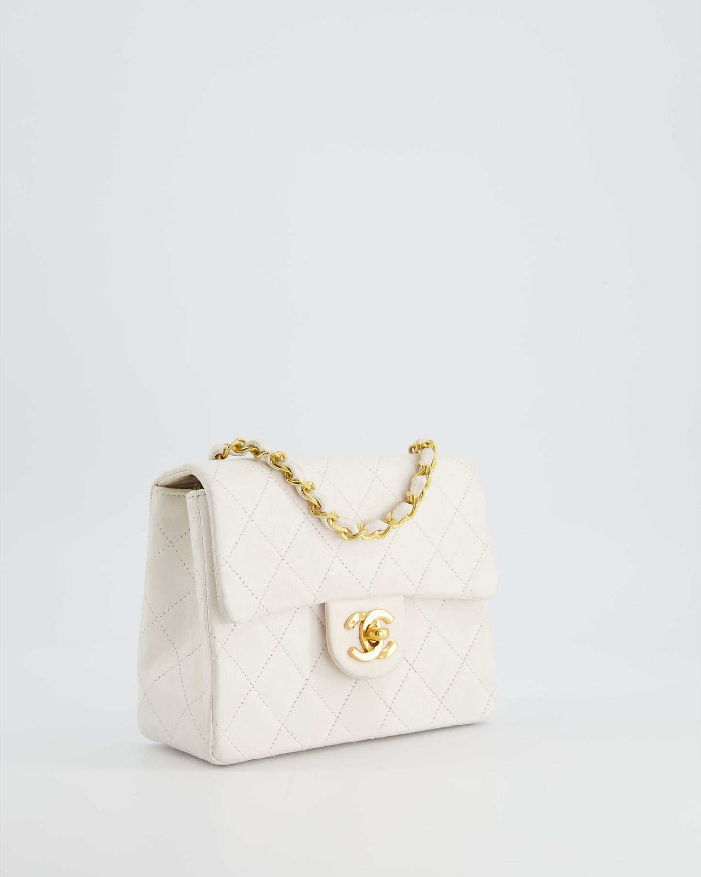 Chanel   White Mini Square Bag in Lambskin Leather with 24K Gold Hardware