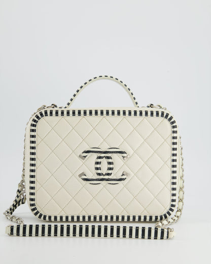 Chanel White Caviar Vanity Case with Zebra Motif CC Logo and Silver Hardware