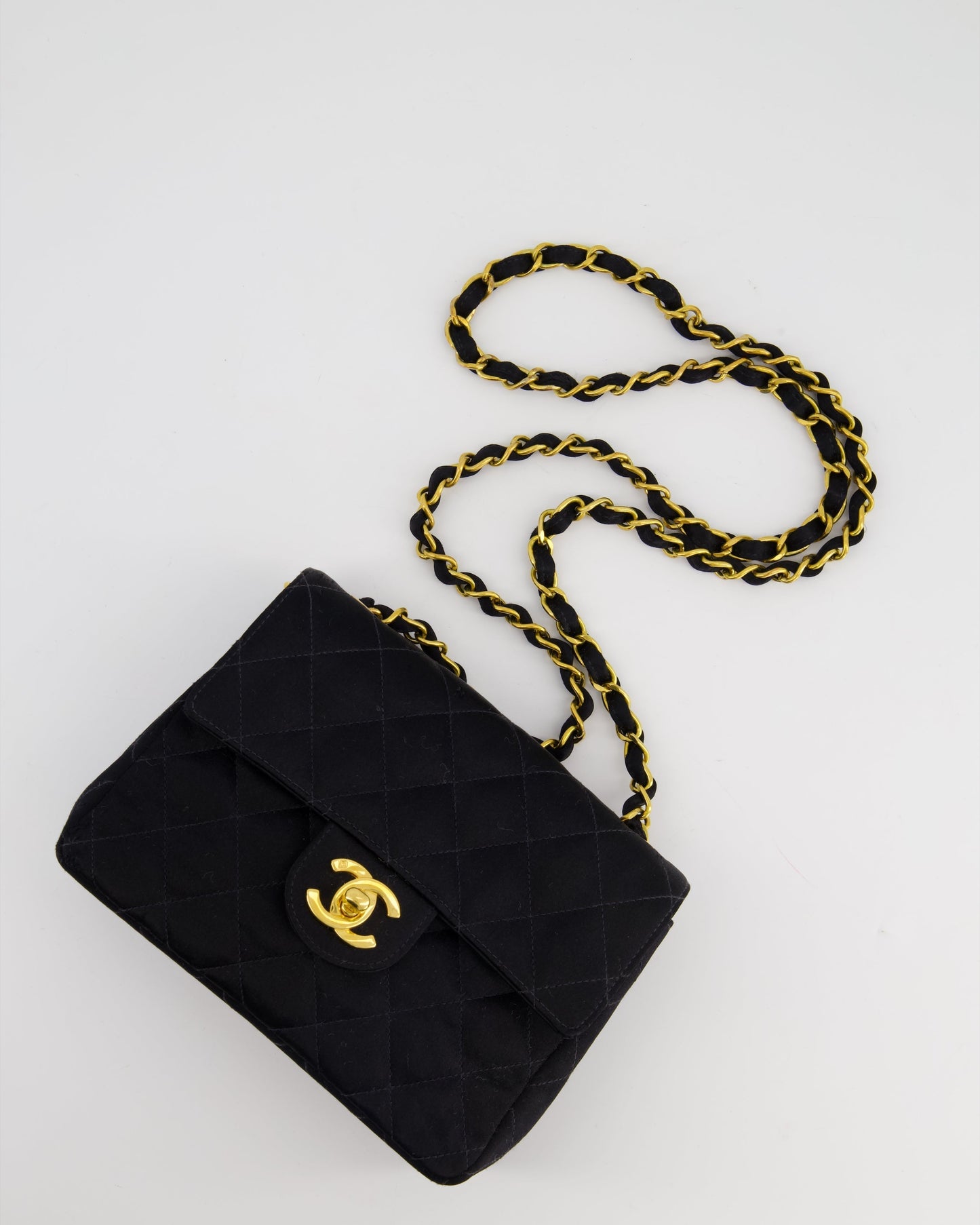 Chanel   Satin Black Mini Square Flap Bag with 24K Gold Hardware