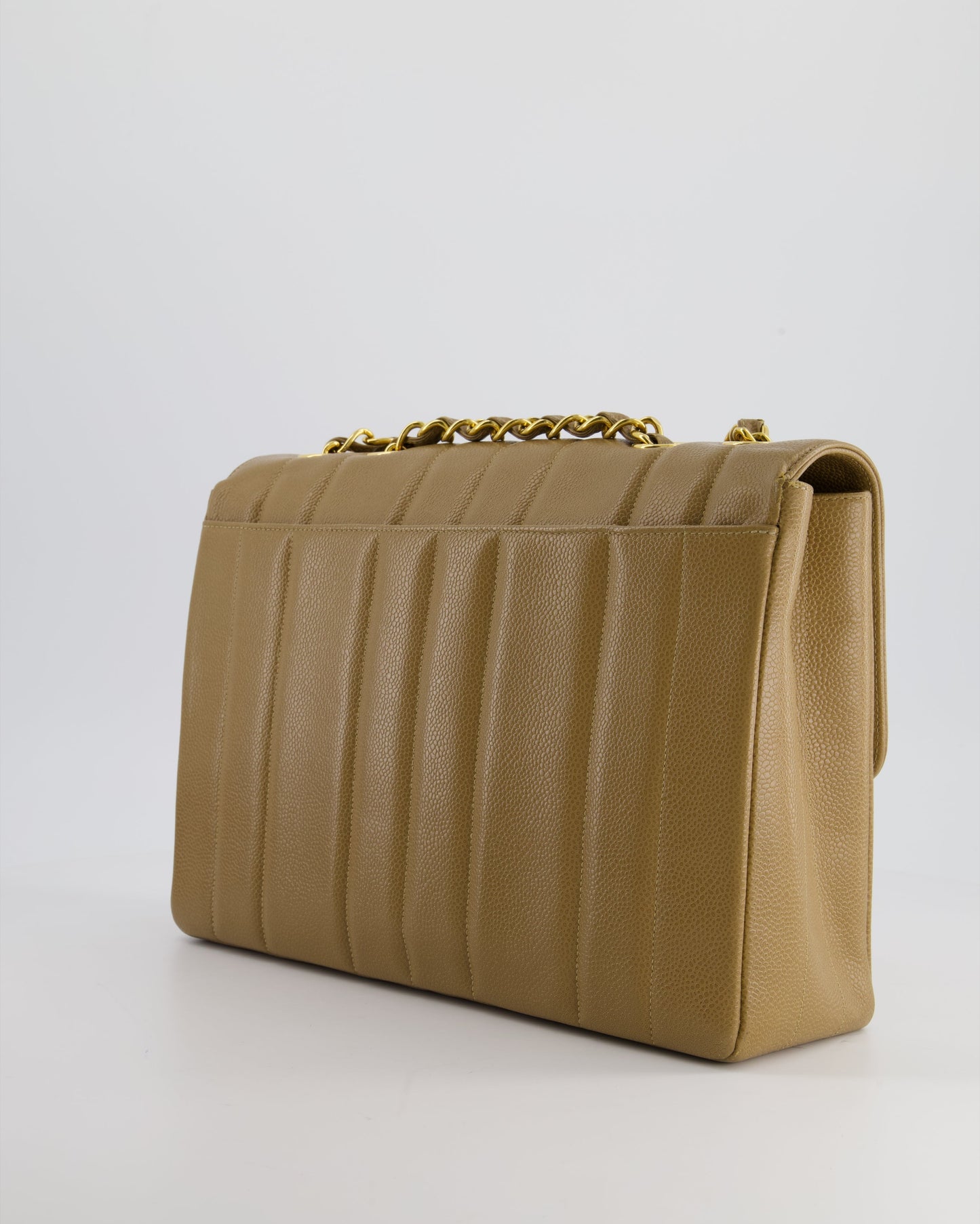 * Chanel Caramel Jumbo Mademoiselle Caviar Flap Bag with Vertical Stitch Detail & 24K Gold Hardware