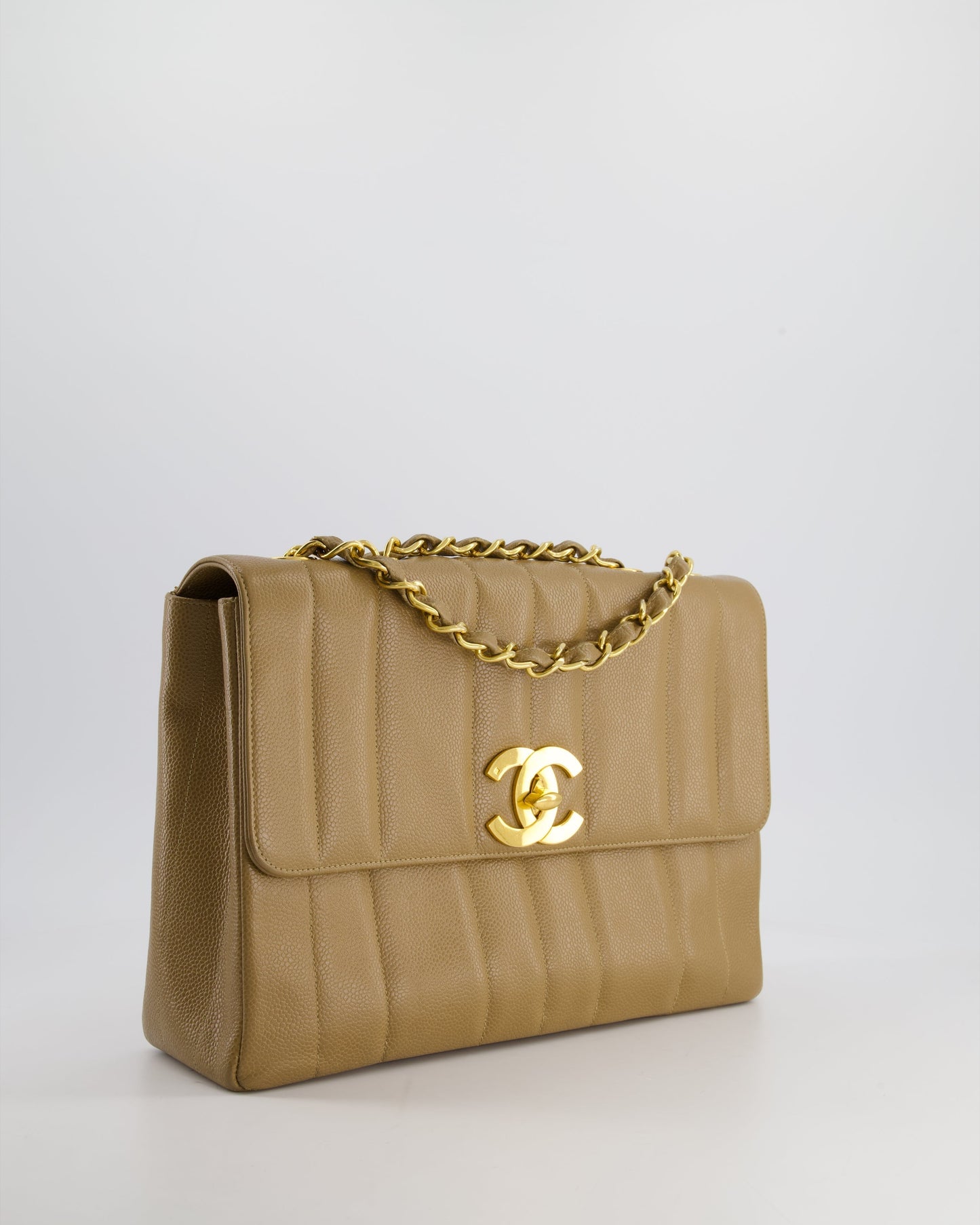 * Chanel Caramel Jumbo Mademoiselle Caviar Flap Bag with Vertical Stitch Detail & 24K Gold Hardware