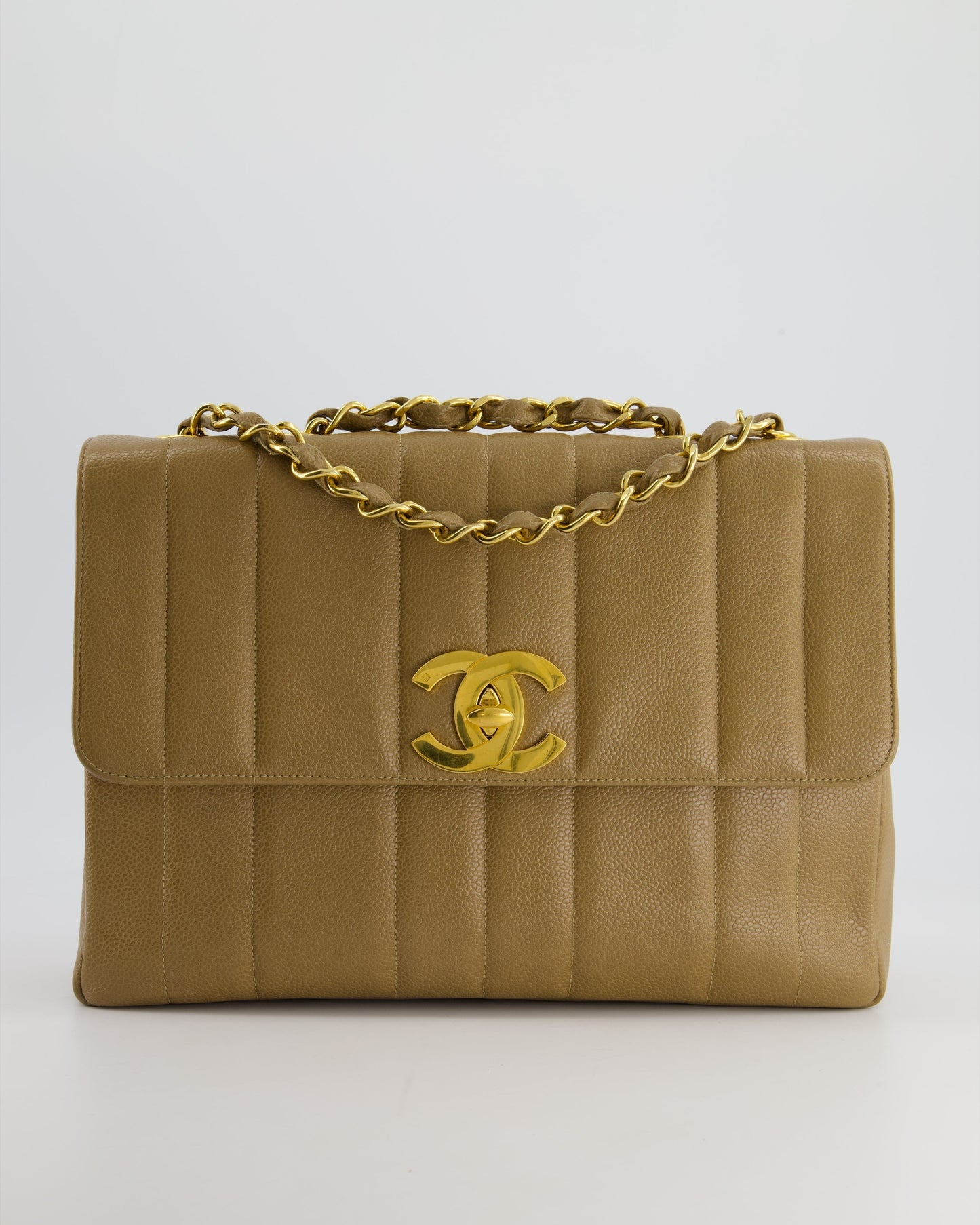 * Chanel Caramel Jumbo Mademoiselle Caviar Flap Bag with Vertical Stitch Detail & 24K Gold Hardware