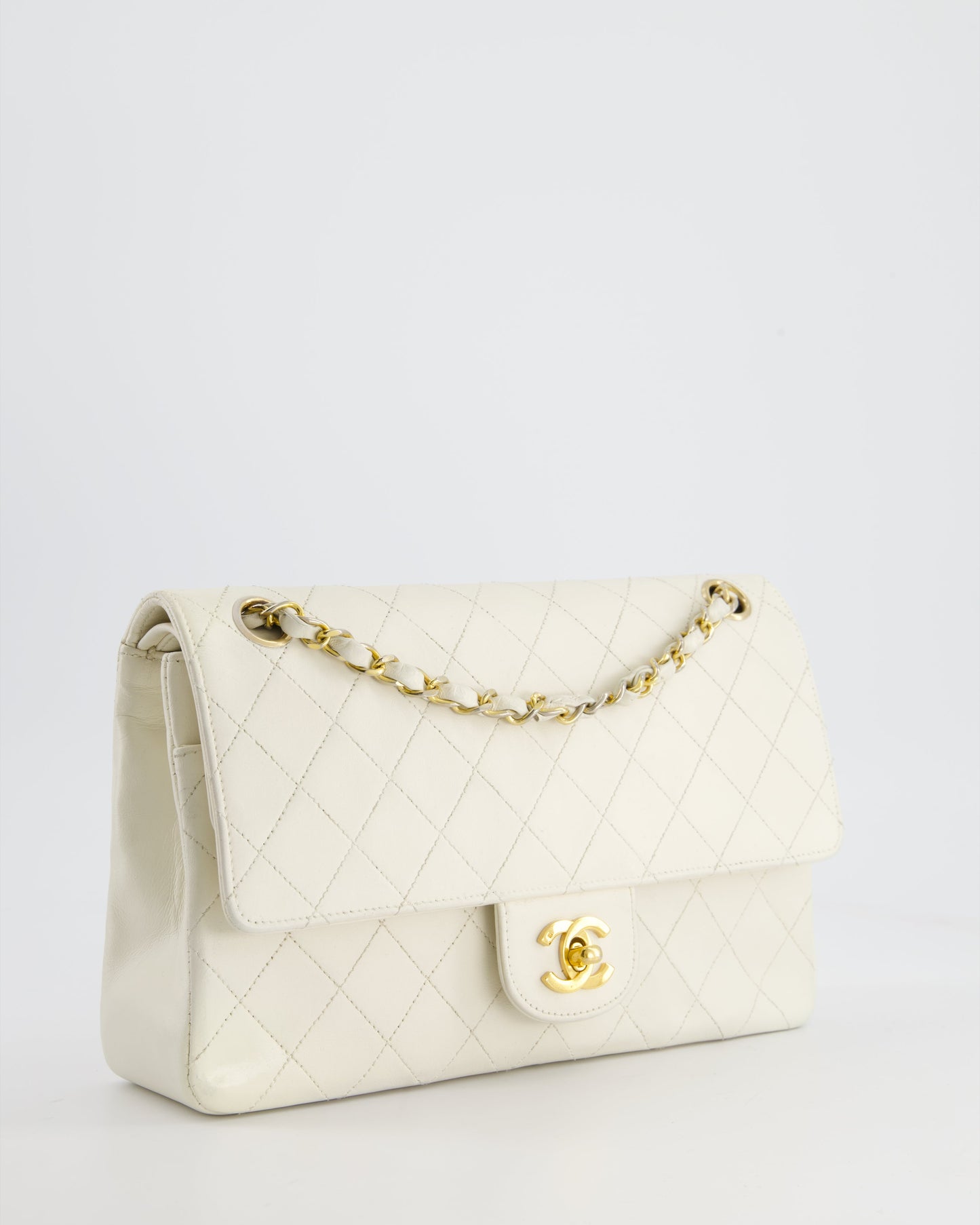 Chanel   White Stitched Edge Classic Double Flap Bag with 24K Gold Hardware