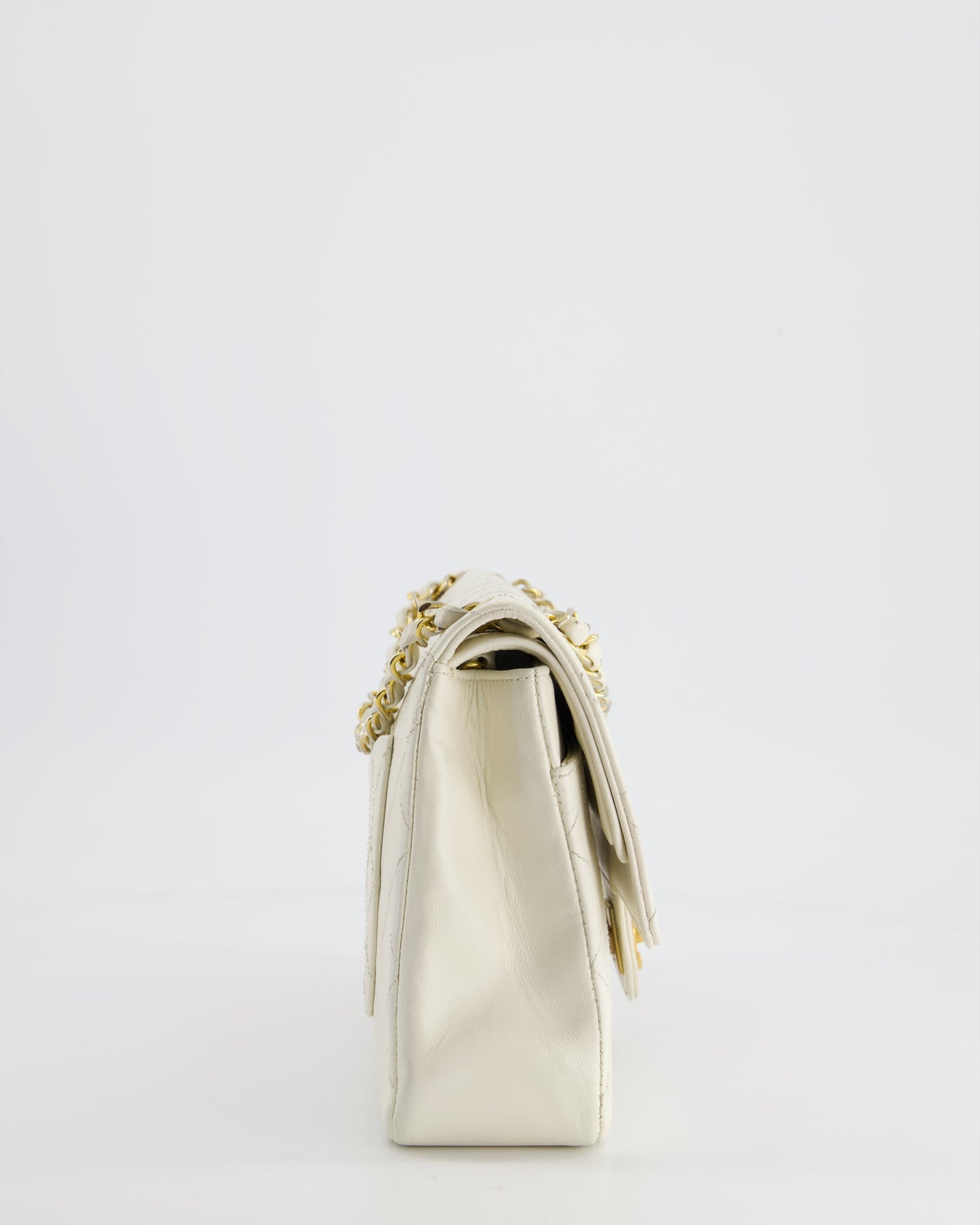 Chanel   White Stitched Edge Classic Double Flap Bag with 24K Gold Hardware