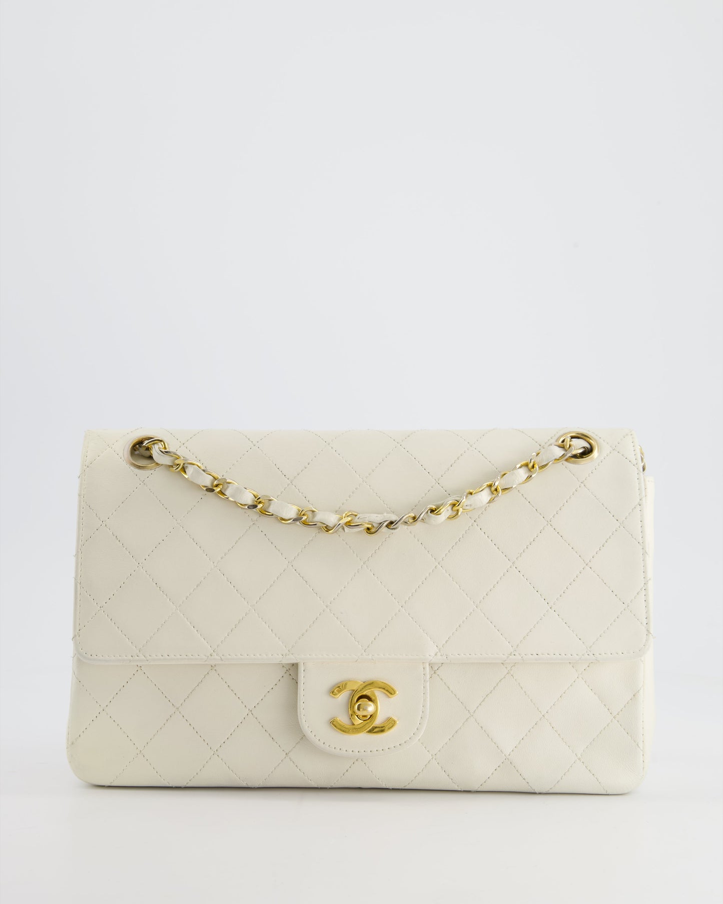 Chanel   White Stitched Edge Classic Double Flap Bag with 24K Gold Hardware