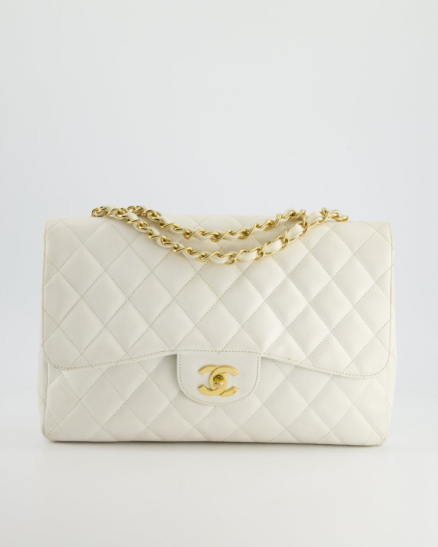 Chanel   White Jumbo Classic Single Flap Bag in Caviar Leather with 24K Gold Hardware RRP £9,240