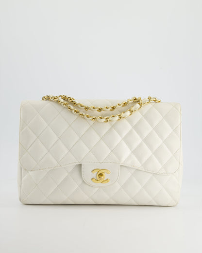 Chanel   White Jumbo Classic Single Flap Bag in Caviar Leather with 24K Gold Hardware RRP £9,240