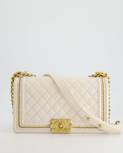 Chanel 17P White Medium Boy Bag in Lambskin Leather with Brushed Gold Hardware and Gold Chain Detail