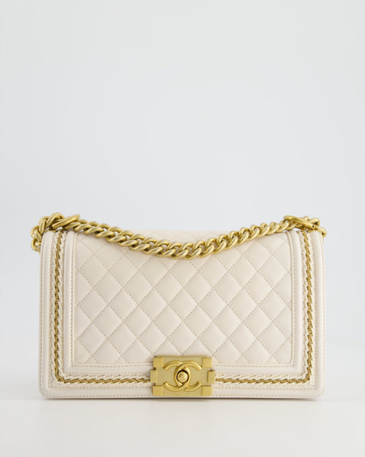 Chanel 17P White Medium Boy Bag in Lambskin Leather with Brushed Gold Hardware and Gold Chain Detail