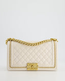 Chanel 17P White Medium Boy Bag in Lambskin Leather with Brushed Gold Hardware and Gold Chain Detail